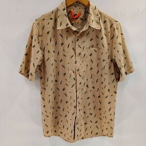 Mountain and Isles Button Up Mens Shirt Tan With Cactus Print Size Medium